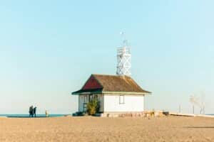 Leuty Lifeguard Station on a sandy beach in The Beaches neighbourhood of Toronto.