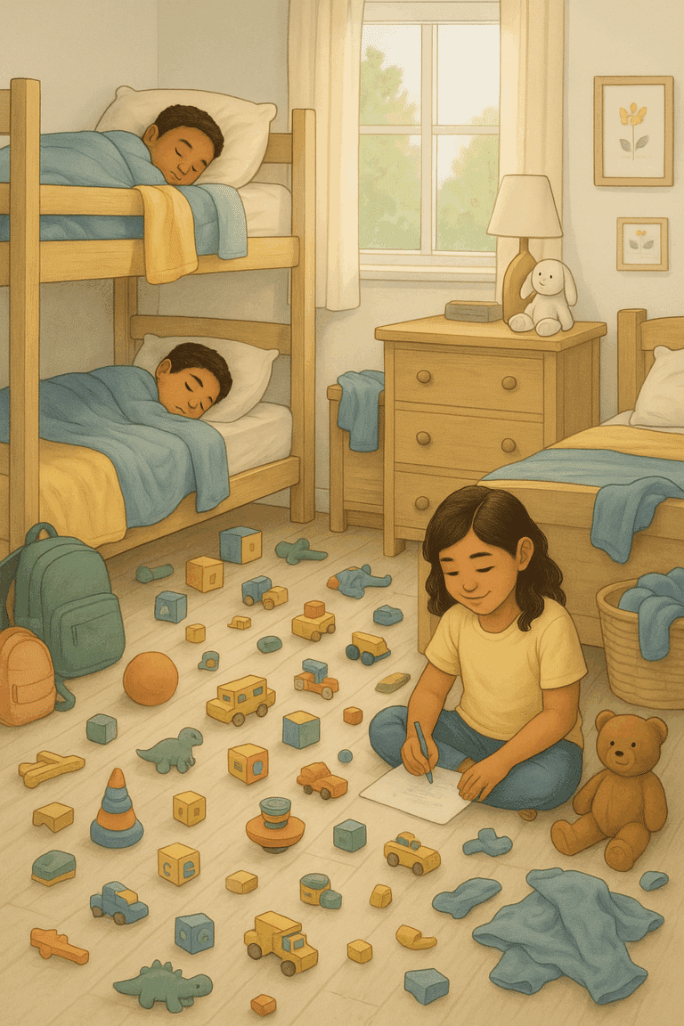 An illustration of kids in their room sleeping in beds with toys on the floor