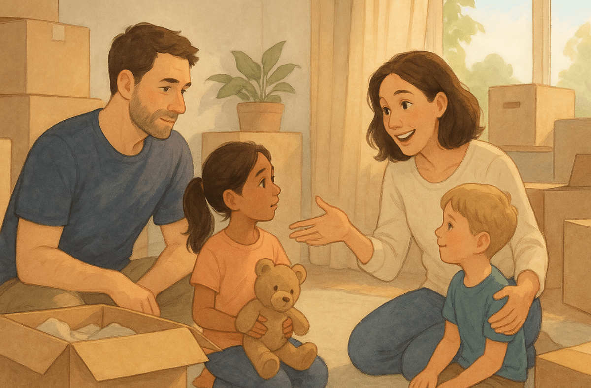 Illustration of parents talking to kids while packing