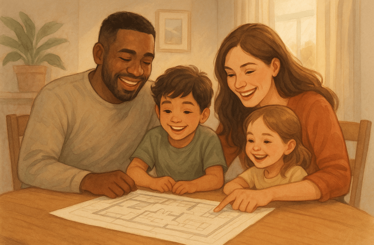 Illustration of a family looking at a floor plan of a home