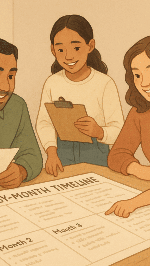 An illustration of a family looking at a timeline to move out of their home