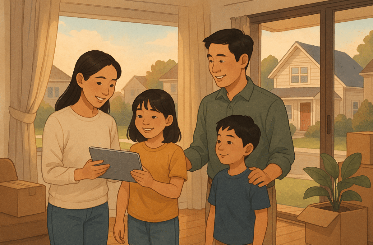 Illustration of a family standing looking at a tablet
