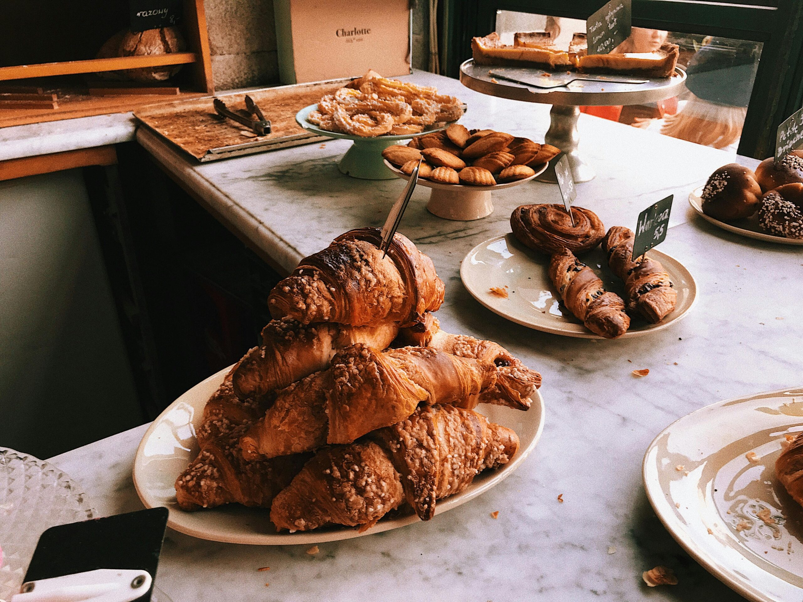 Freshly baked pastries in a bakery setting