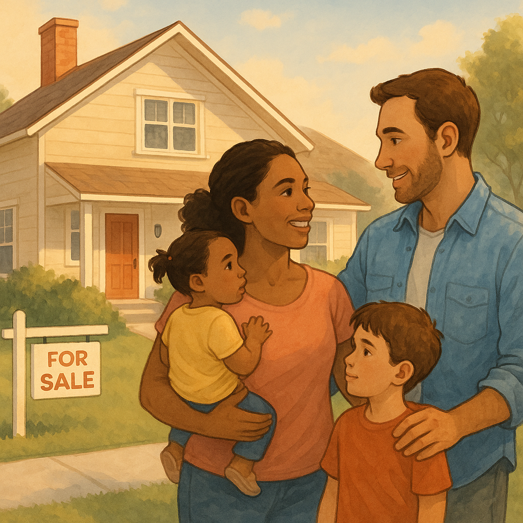 A family selling with kids standing outside of their home with a for sale sign out front