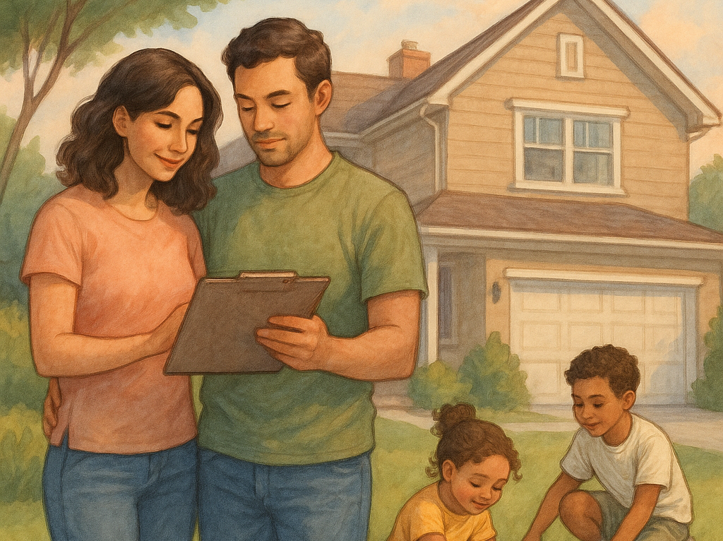 A couple outside of their home considering their Family moving timeline