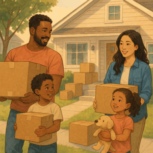 A family on the day of their moving timeline carrying packing boxes out of their home.