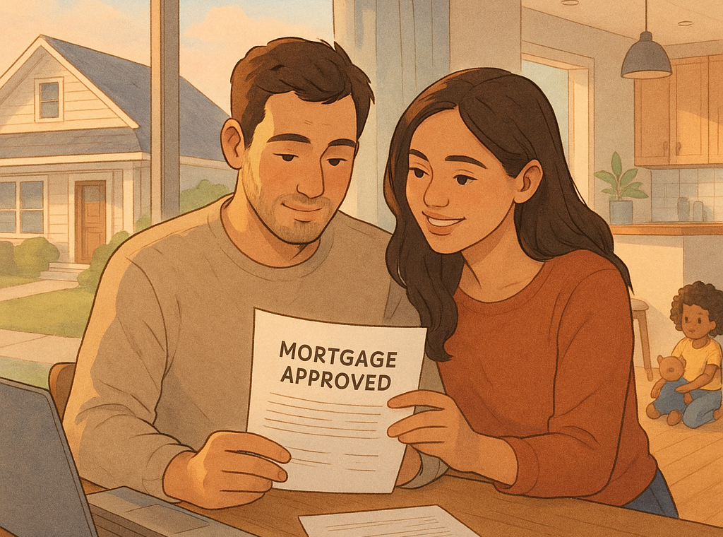 Illustration of first time buyers looking at their mortgage approval