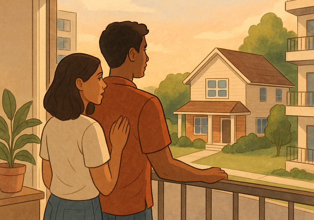 illustration of two people on an apartment balcony considering moving to the suburbs