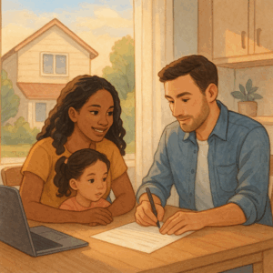 Illustration of a single family analyzing their financial needs and budget