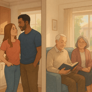 illustration of a young couple and an elderly couple keeping to their own space within a home