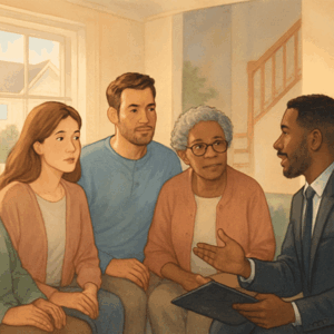 illustration of a multigenerational family asking a realtor questions