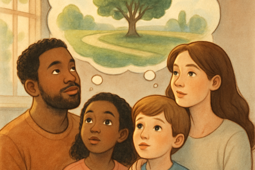 Illustration of a family contemplating the thought: Do i need a backyard