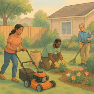 illustration of a family doing yard maintenance 