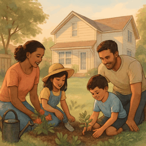 illustration of a family gardening in their backyard