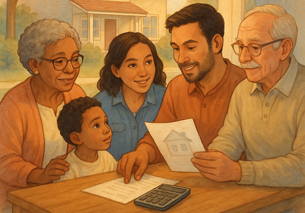 An illustration of a multigenerational family looking to finance a home