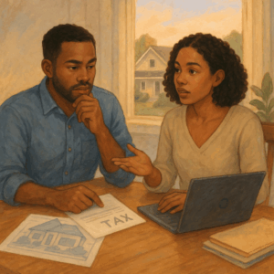 Illustration of a couple planning for taxes and other expenses when looking to finance a home