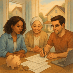 Illustration of a family building a budget to finance a home