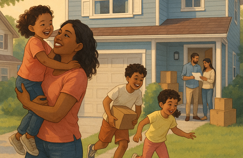 An illustration of a family celebrating their first week in a new home