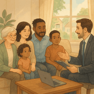 Illustration of a family meeting with a lawyer to finance a home.