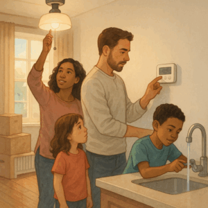 Illustration of a family checking utilities during their first week in a new home