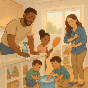 Illustration of a family cleaning during their first week in a new home