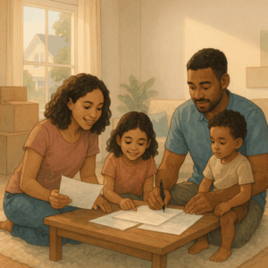 Illustration of a family looking at paperwork during their first week in a new home