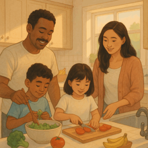 Illustration of a family making dinner during their first week in a new home