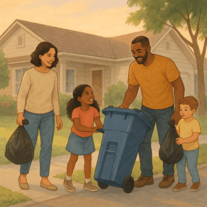 Illustration of a family taking the garbage to the curb during their first week in a new home