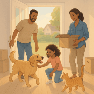 Illustration of a family with their pets during their first week in a new home