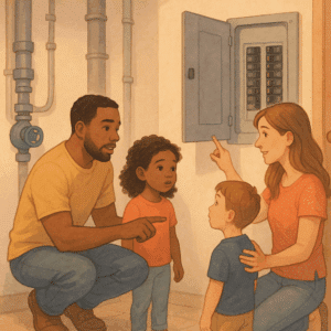Illustration of a family learning new systems during their first week in a new home