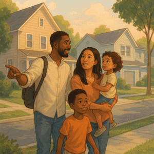 Illustration of a family exploring the neighbourhood during their first week in a new home