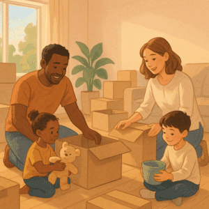 Illustration of a family unpacking during their first week in a new home