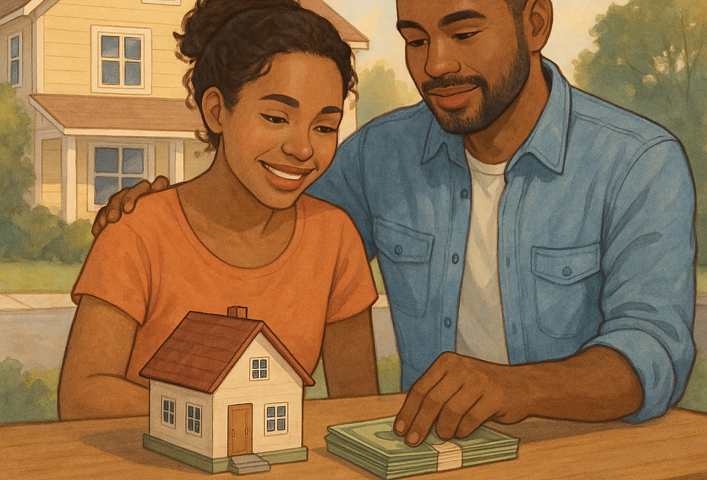 Illustration of a couple with a down payment to buy a home