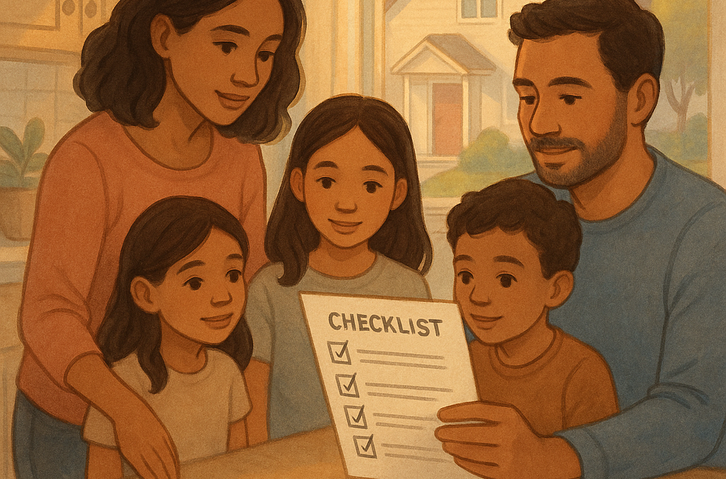 Blog 96 Illustration of a family reviewing an Essential Checklist for Selling Your Home