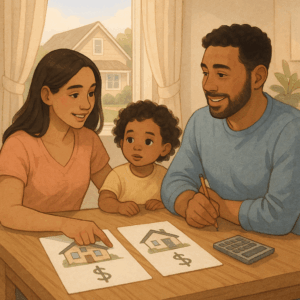 illustration of a family reviewing finances for renting vs buying 