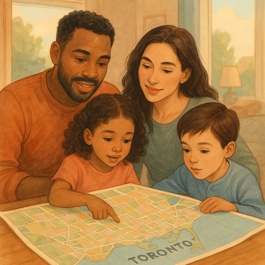 illustration of a family looking at a map of toronto neighbourhoods
