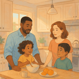 An illustration of a family together in their kitchen.