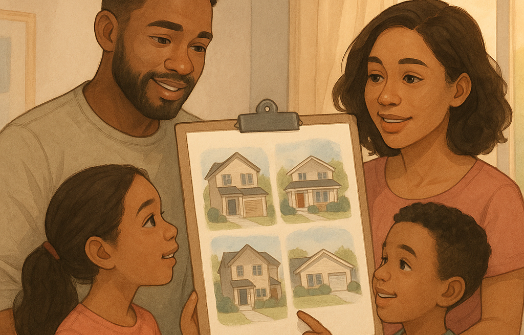 Illustration of a family looking at a family home chart