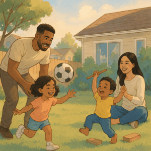 illustration of a family playing in their backyard.