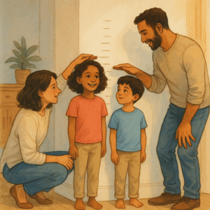 illustration of a family measuring a child's height on a wall