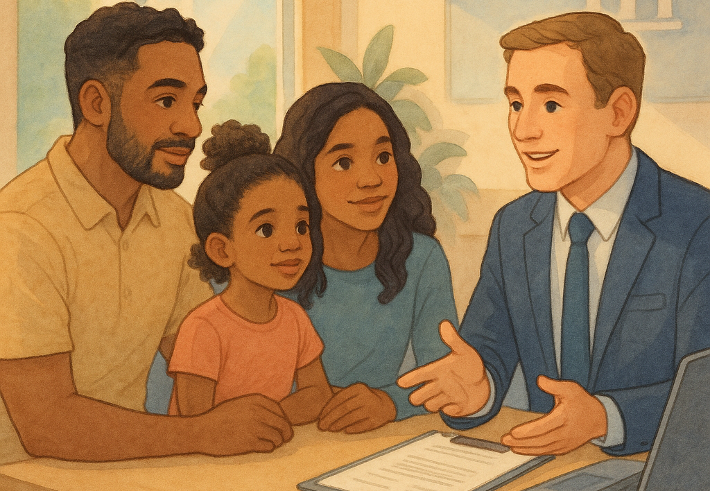 Blog 34 Family sitting with a mortgage lender at a bank discussing home financing options