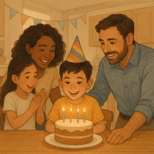 When One Parent's Ready to Upsize - and the Other Isn’t: Navigating Family Real Estate Conflicts 1 Family celebrating their kids birthday