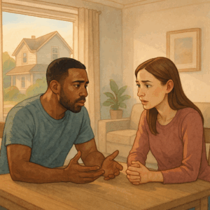 When One Parent's Ready to Upsize - and the Other Isn’t: Navigating Family Real Estate Conflicts 3 Couple having a serious conversation at a kitchen table
