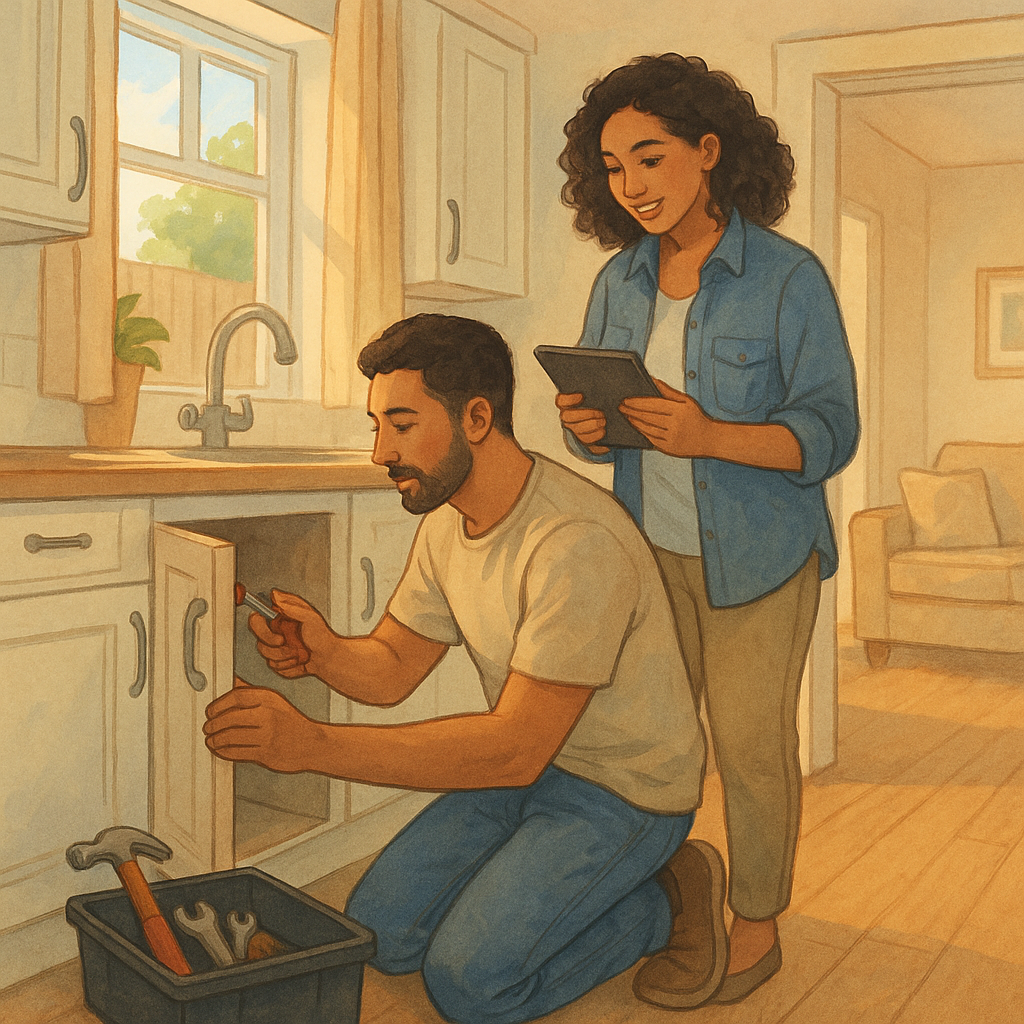 How to Prepare for A Home Inspection When You’re Selling - Family Edition 1 couple fixing small repairs in their home
