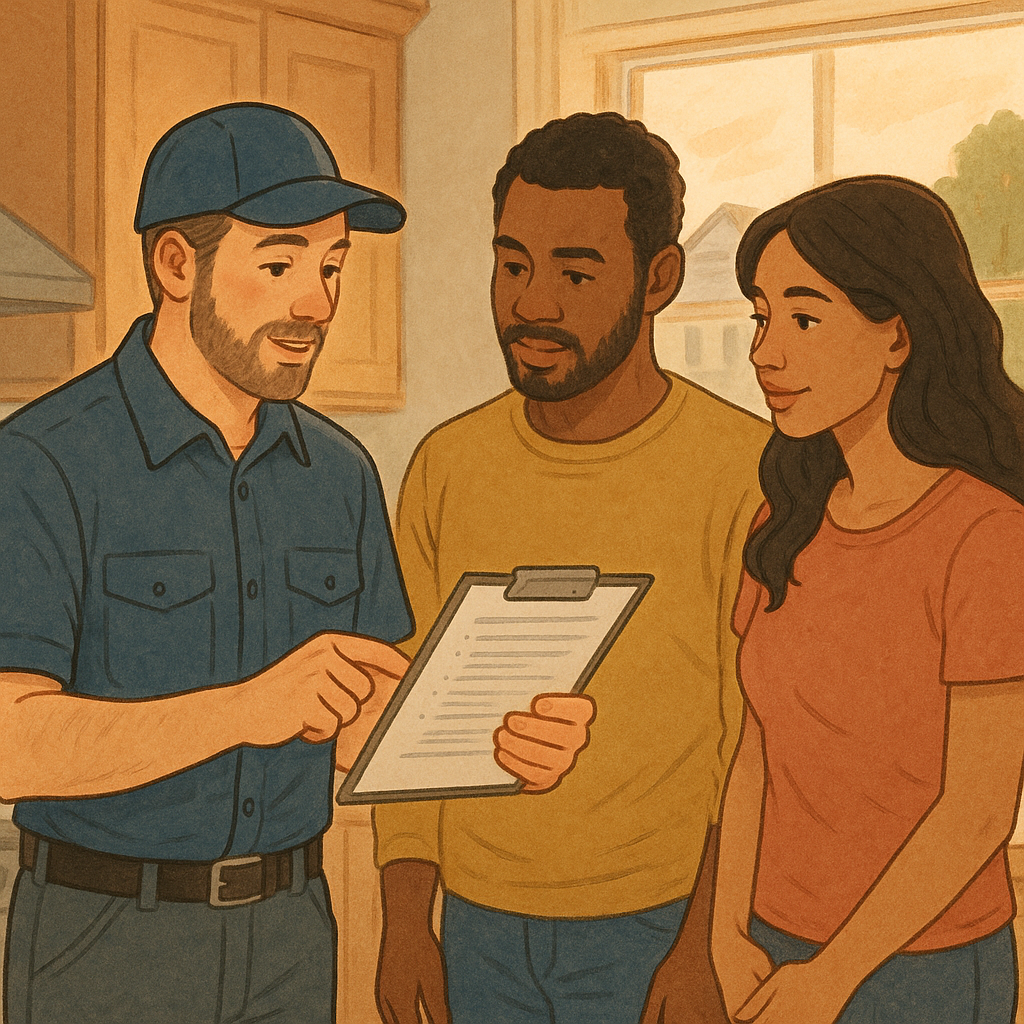 How to Prepare for A Home Inspection When You’re Selling - Family Edition 3 home inspector giving feedback to a couple on the results of their home inspection.