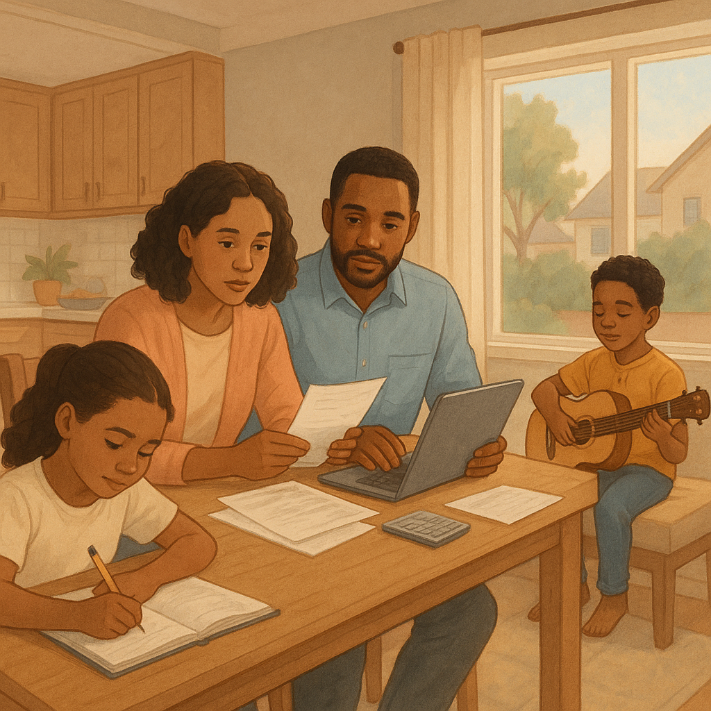 Bridge Loans & Buy-Sell Coordination: Home Financing Options for Upsizing Families 3 Family balancing finances with daily routines