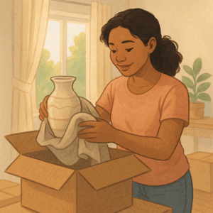 Moving on a Budget? Here’s How GTA Families Can Reduce Moving Costs In Toronto 2 Illustration of a woman packing a vase into a box