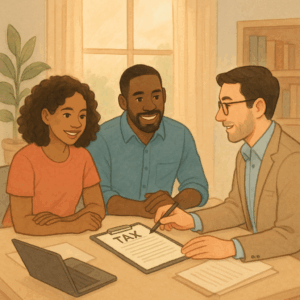 Moving on a Budget? Here’s How GTA Families Can Reduce Moving Costs In Toronto 4 An illustration of a couple working with a tax consultant in their home.