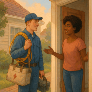 Moving on a Budget? Here’s How GTA Families Can Reduce Moving Costs In Toronto 3 An illustration of an electrical technician greeting a homeowner