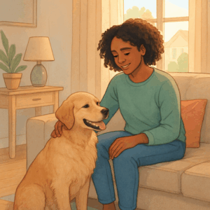 A person sitting on a couch petting a dog.